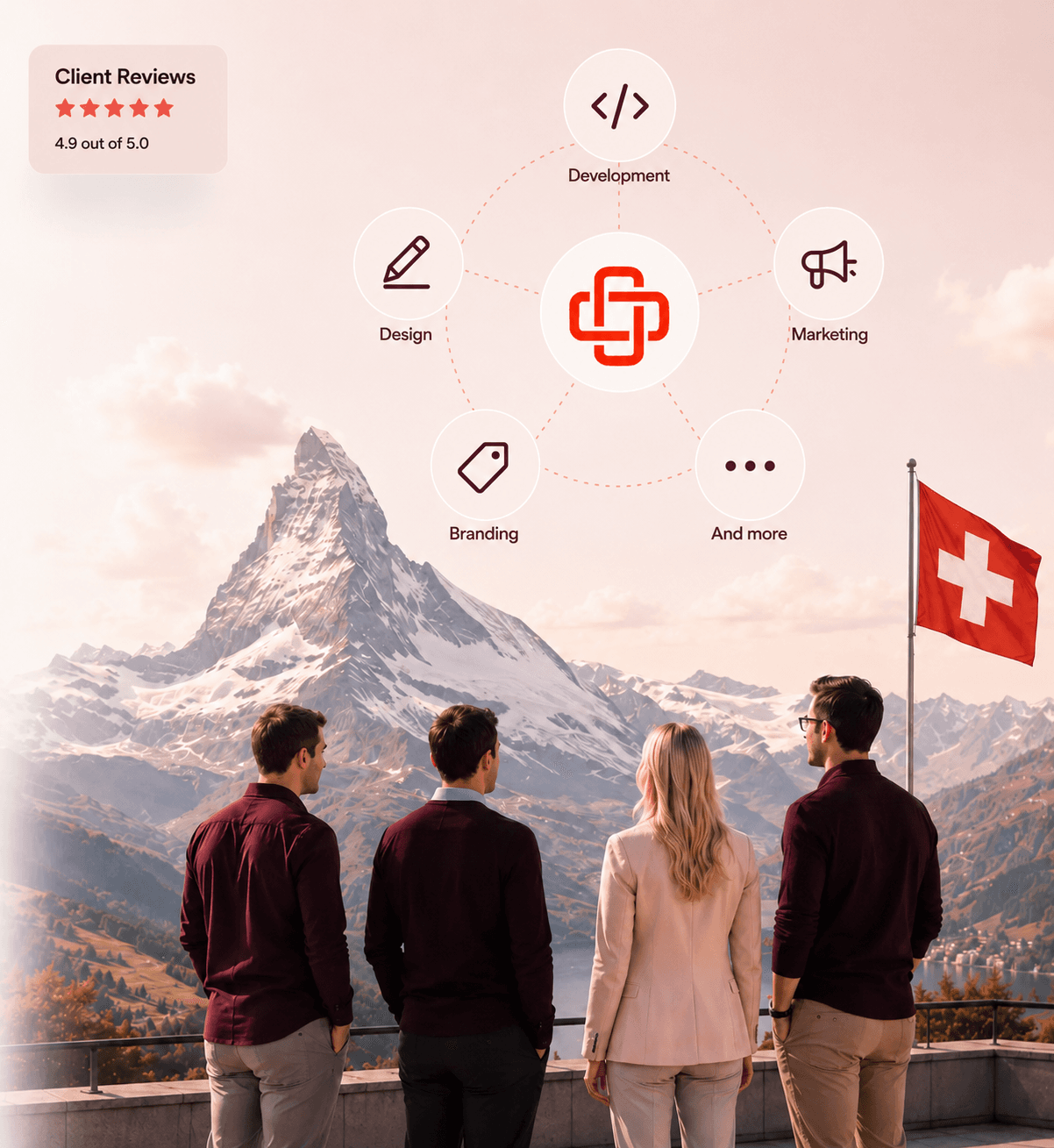 Swiss agency professionals looking at the Alps